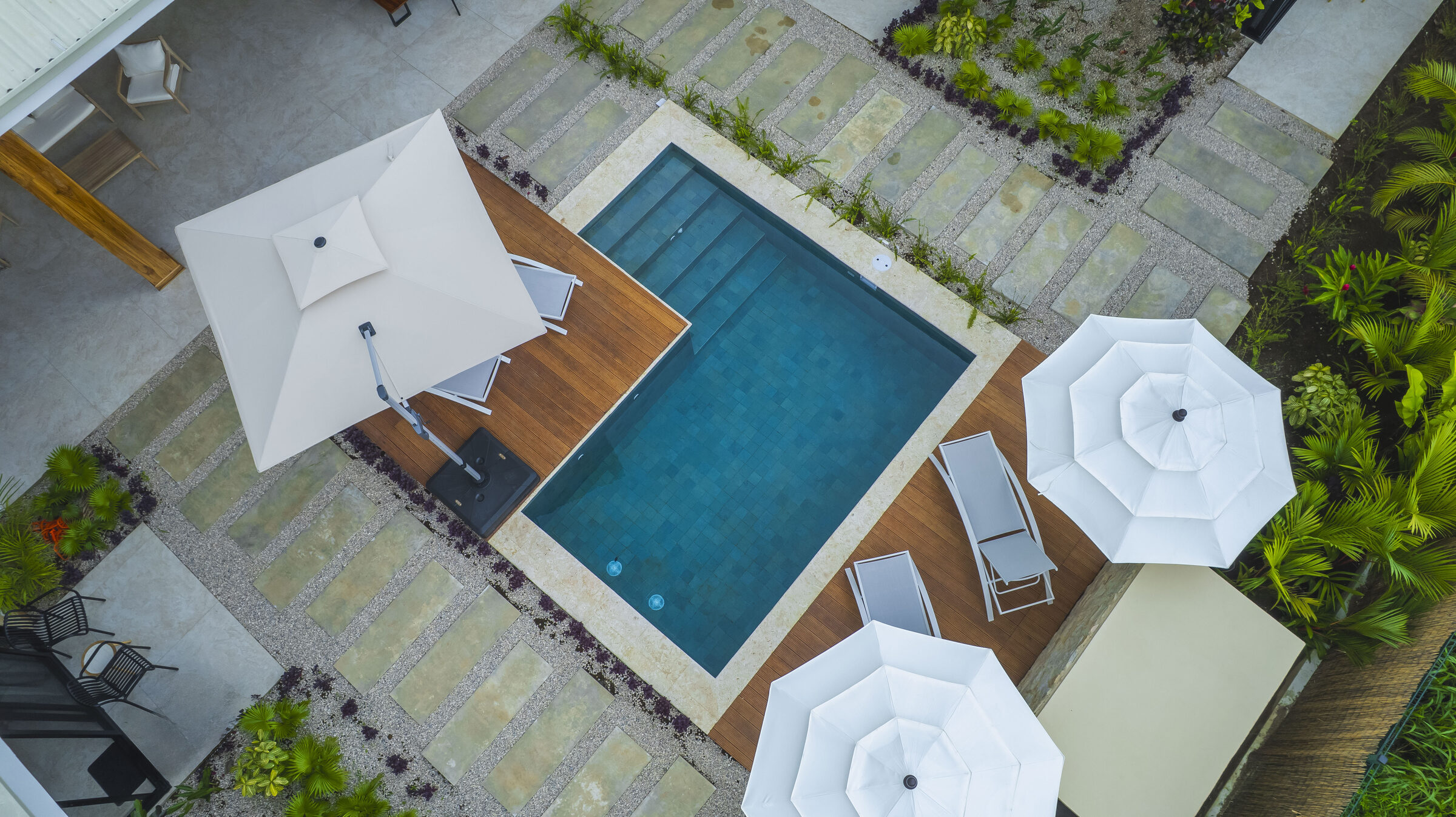 Aerial view of the villa and pool